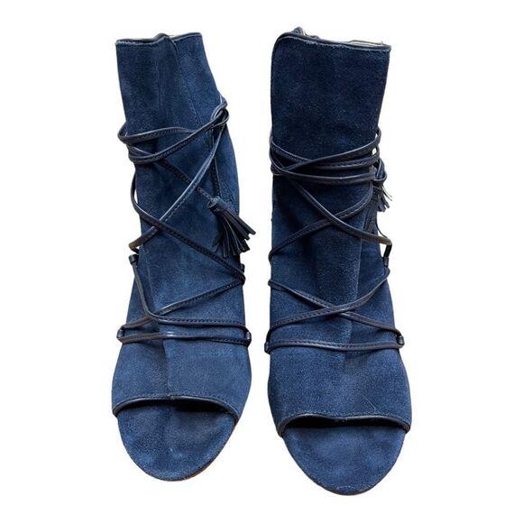 Joe’s Jeans Halsey Blue Suede Peep Toe Lace-up Stiletto Tassel Ankle Booties 8 - Picture 2 of 7